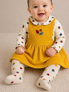 Wonder Nation 3 Pc Set, 3-6M Mustard Corduroy Pinafore Dress Top Tights NWT Baby